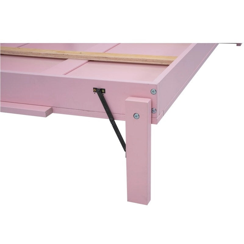 Wood Full Size House Murphy Bed with USB, Storage Shelves and Blackboard, Pink+White 5