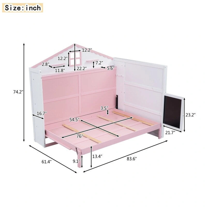Wood Full Size House Murphy Bed with USB, Storage Shelves and Blackboard, Pink+White 6