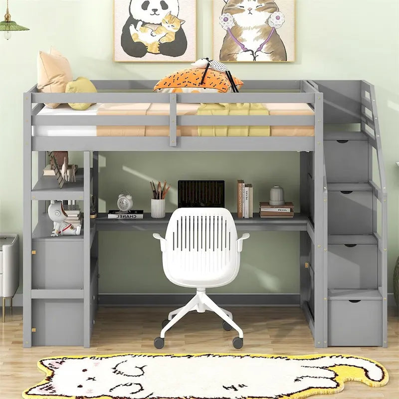Merax Loft Bed with Desk and Shelves 7