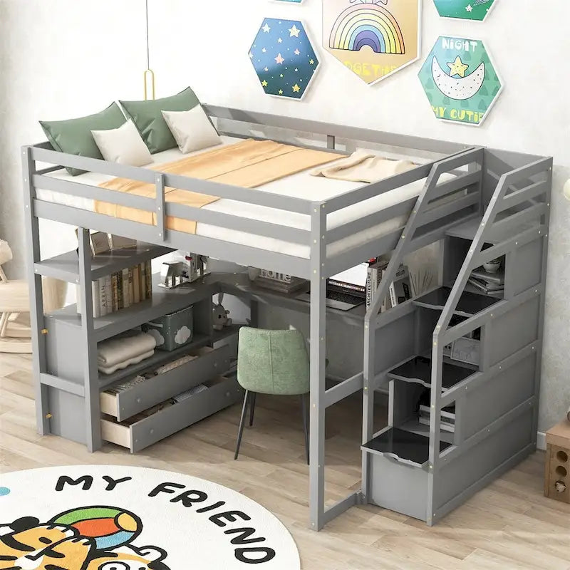 Merax Loft Bed with Desk and Shelves 18