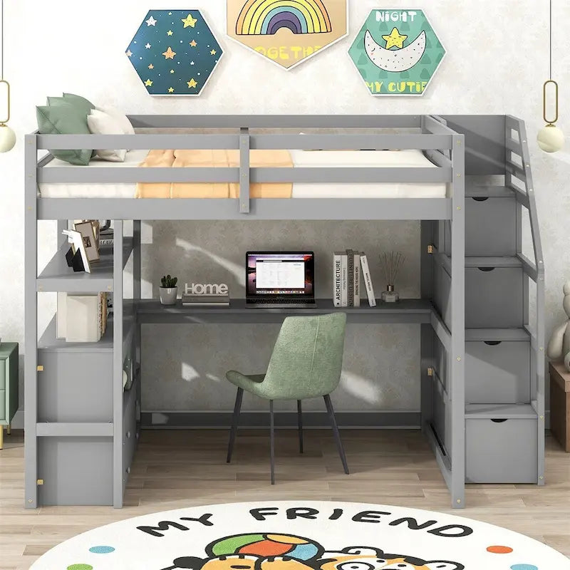 Merax Loft Bed with Desk and Shelves 19