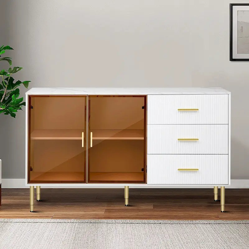 Modern Stylish Wooden Sideboard with 2 Amber-yellow Tempered Glass Doors 22