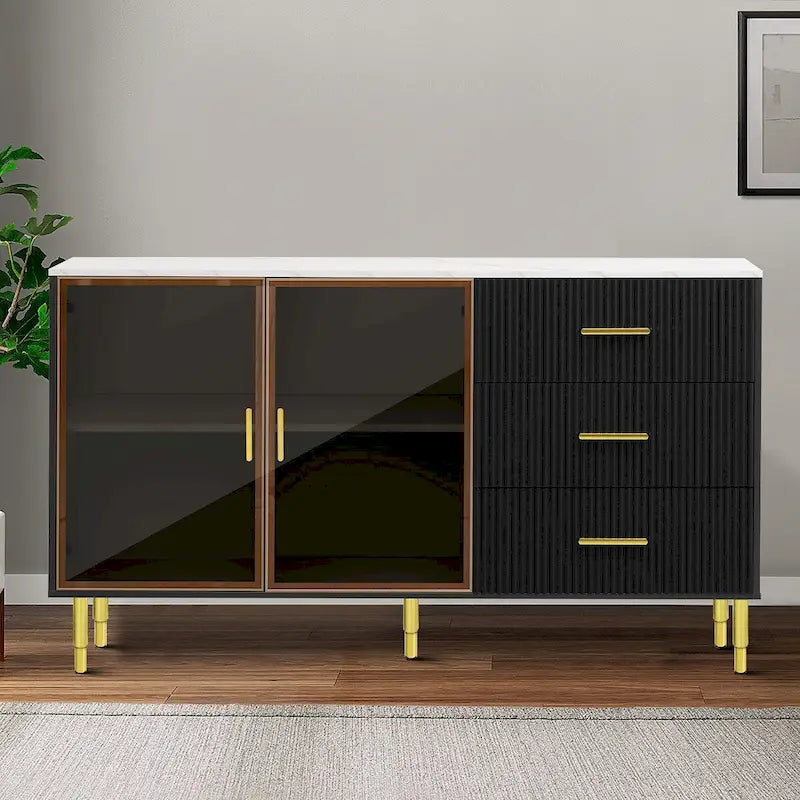 Modern Stylish Wooden Sideboard with 2 Amber-yellow Tempered Glass Doors 23