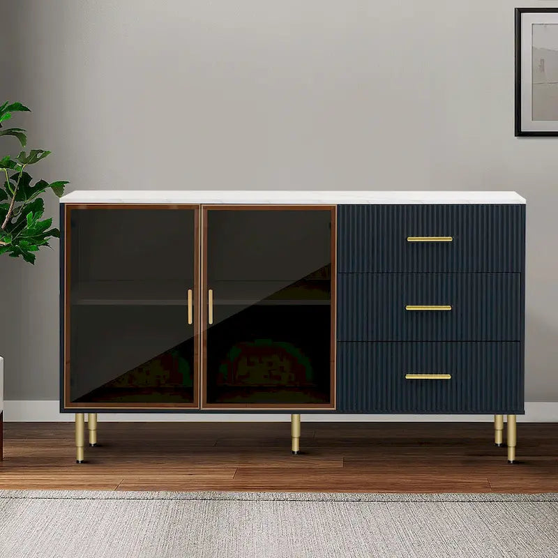 Modern Stylish Wooden Sideboard with 2 Amber-yellow Tempered Glass Doors 8