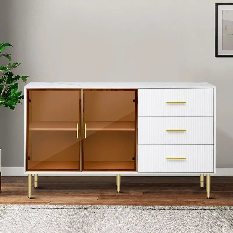 Modern Stylish Wooden Sideboard with 2 Amber-yellow Tempered Glass Doors 15