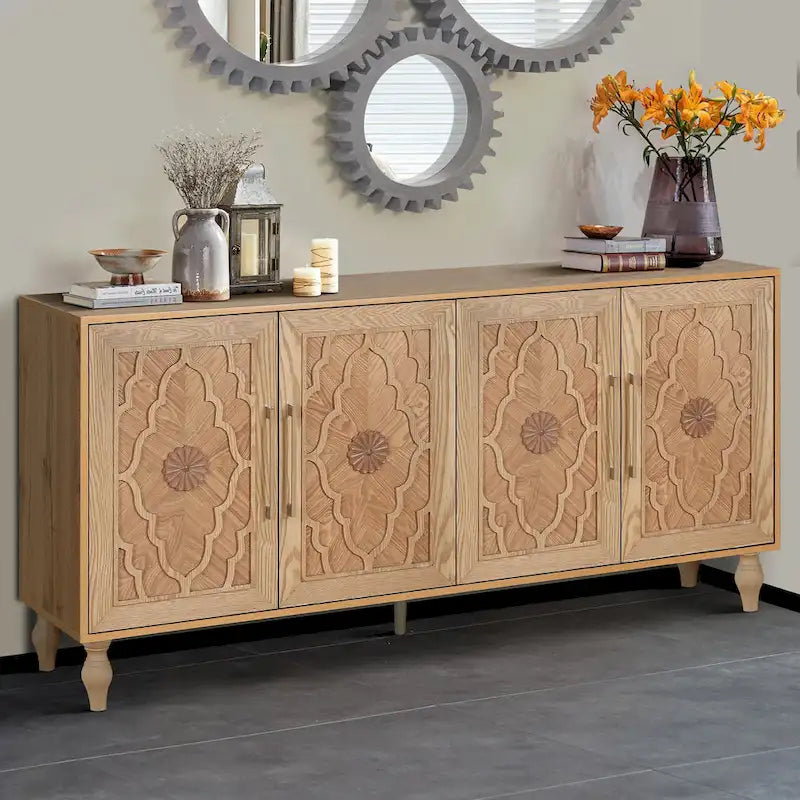 Carved Flower Door Large Storage Cabinet Sideboard Buffet 3