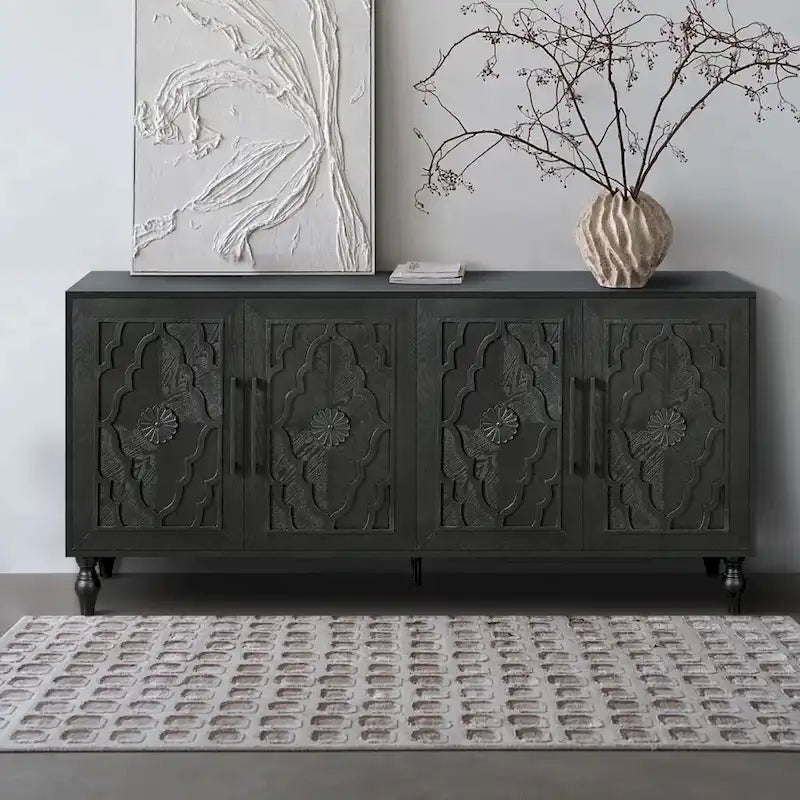 Carved Flower Door Large Storage Cabinet Sideboard Buffet 25