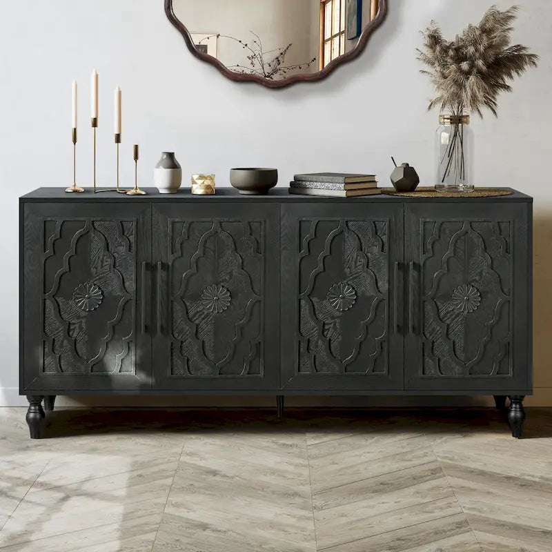 Carved Flower Door Large Storage Cabinet Sideboard Buffet 26
