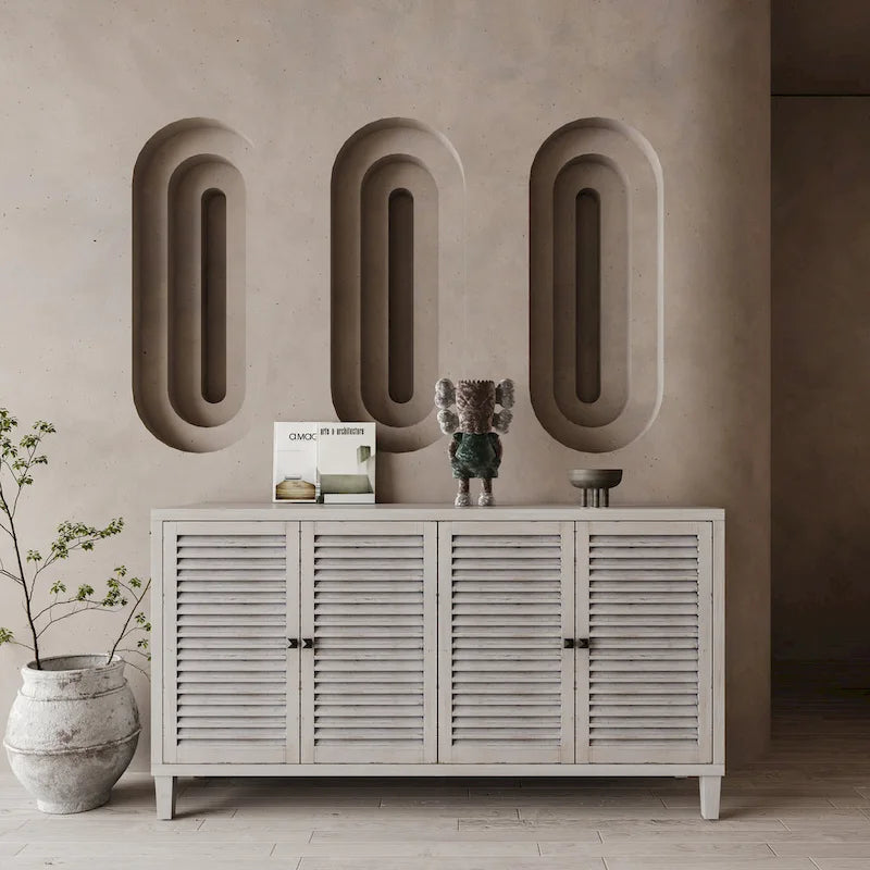 Madia rustica in legno naturale da 60 pollici con 4 ante a persiana, server buffet e mobile contenitore.