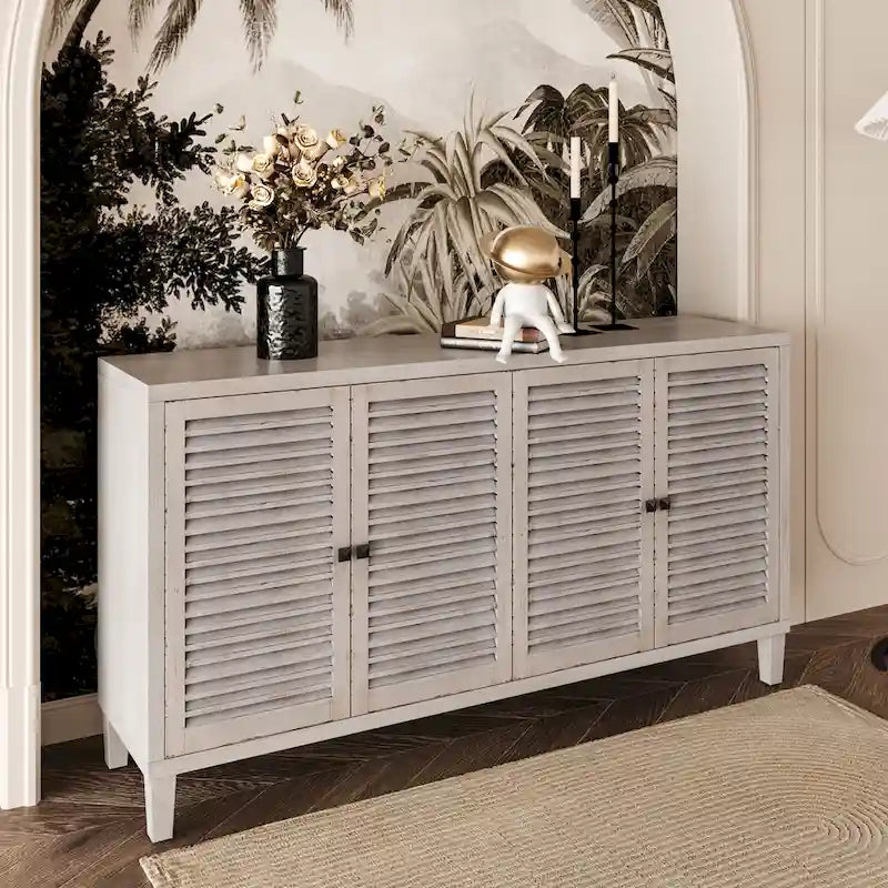 60-in Farmhouse Natural Wood Wash 4 Shutter Door Wooden Sideboard Buffet Server Accent Storage Cabinet 3