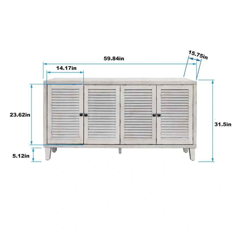 60-in Farmhouse Natural Wood Wash 4 Shutter Door Wooden Sideboard Buffet Server Accent Storage Cabinet 5