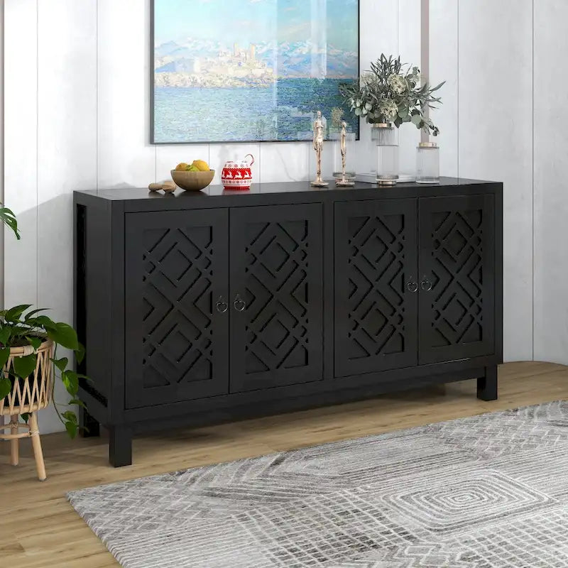 Large Storage Space Sideboard,4 Door Buffet Cabinet with Pull Ring Handles - N/A 3
