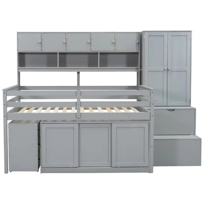 Full Size Wooden Loft Bed Big Storage with Under-bed Desk, with Drawers, with Shelves 4
