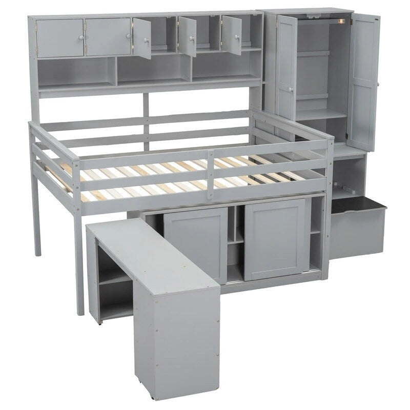 Full Size Wooden Loft Bed Big Storage with Under-bed Desk, with Drawers, with Shelves 6