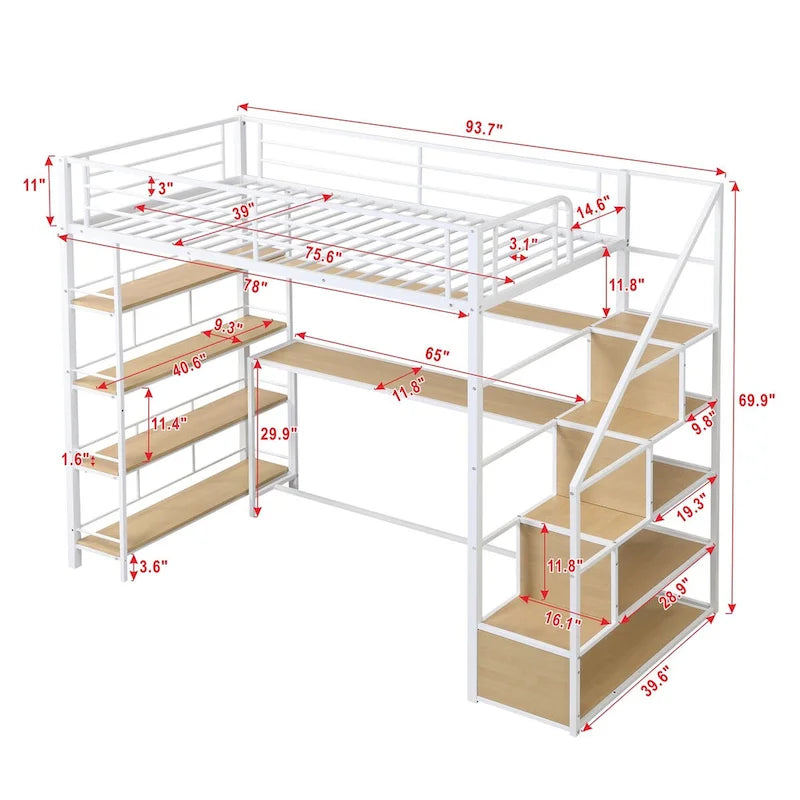 MERAX Twin Size Metal Loft bed with Staircase, Desk and Shelves