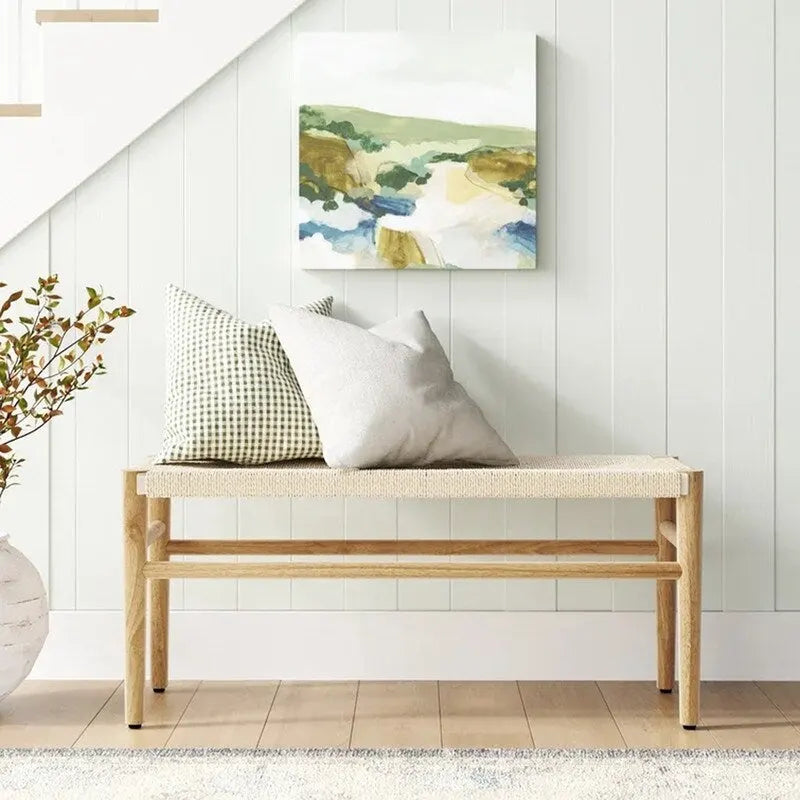 Mieres Boho Style Solid Wood Bench with Woven Rope Seat, Mid-Century Modern Indoor Ottoman with Rubber Wood Legs for Home Office 2