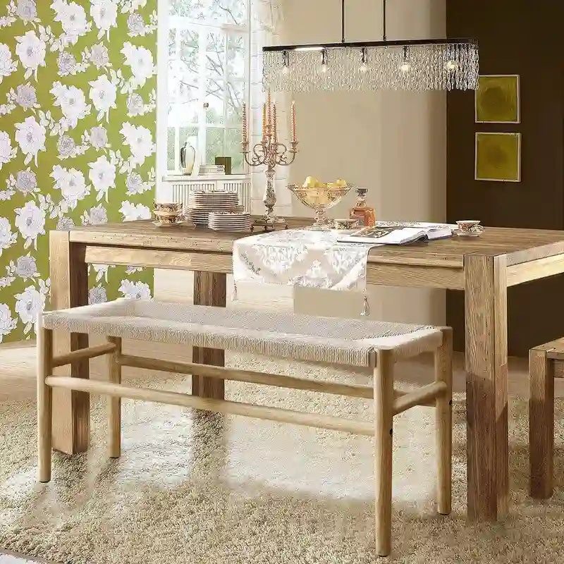 Mieres Boho Style Solid Wood Bench with Woven Rope Seat, Mid-Century Modern Indoor Ottoman with Rubber Wood Legs for Home Office 3