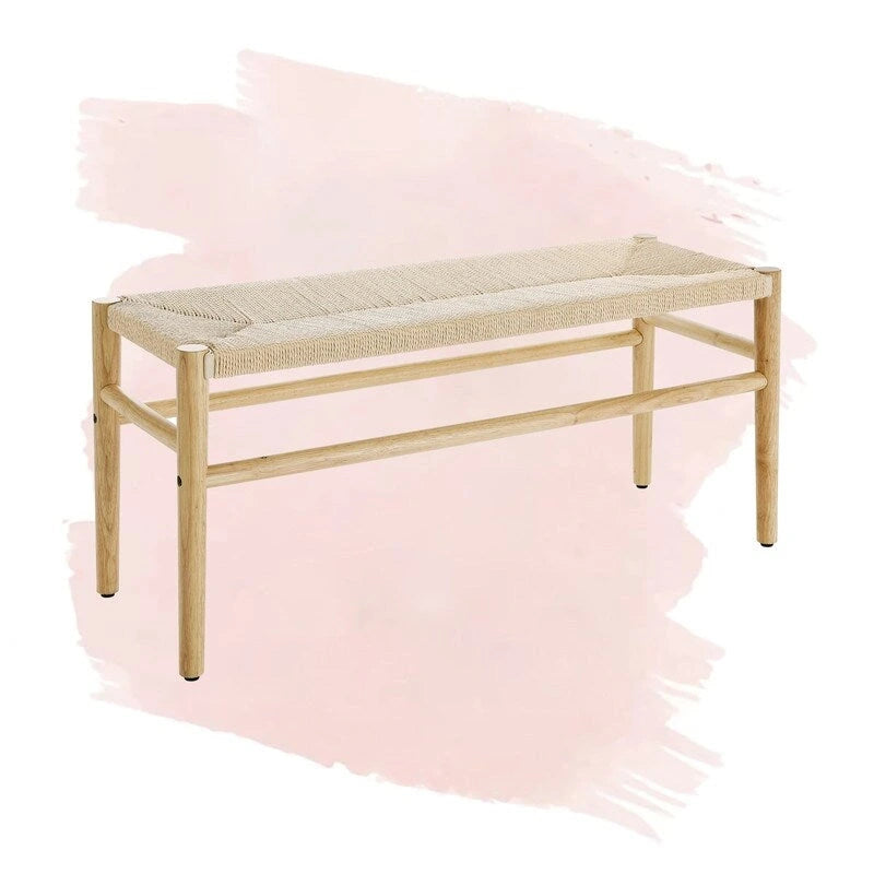 Mieres Boho Style Solid Wood Bench with Woven Rope Seat, Mid-Century Modern Indoor Ottoman with Rubber Wood Legs for Home Office 4