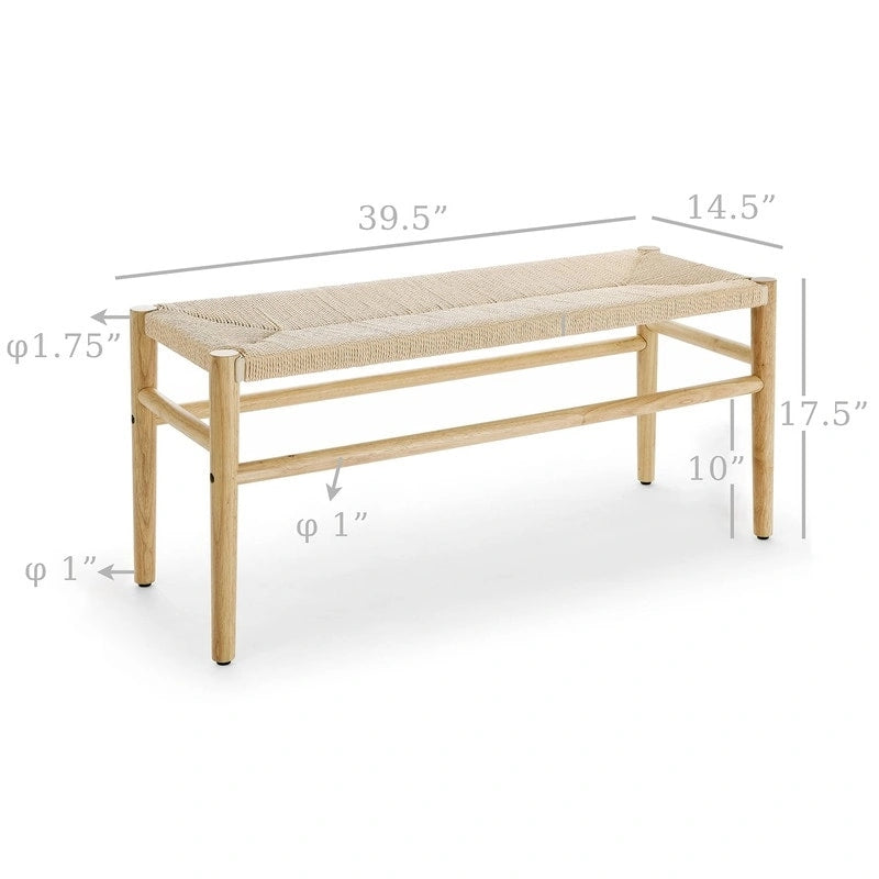 Mieres Boho Style Solid Wood Bench with Woven Rope Seat, Mid-Century Modern Indoor Ottoman with Rubber Wood Legs for Home Office 5