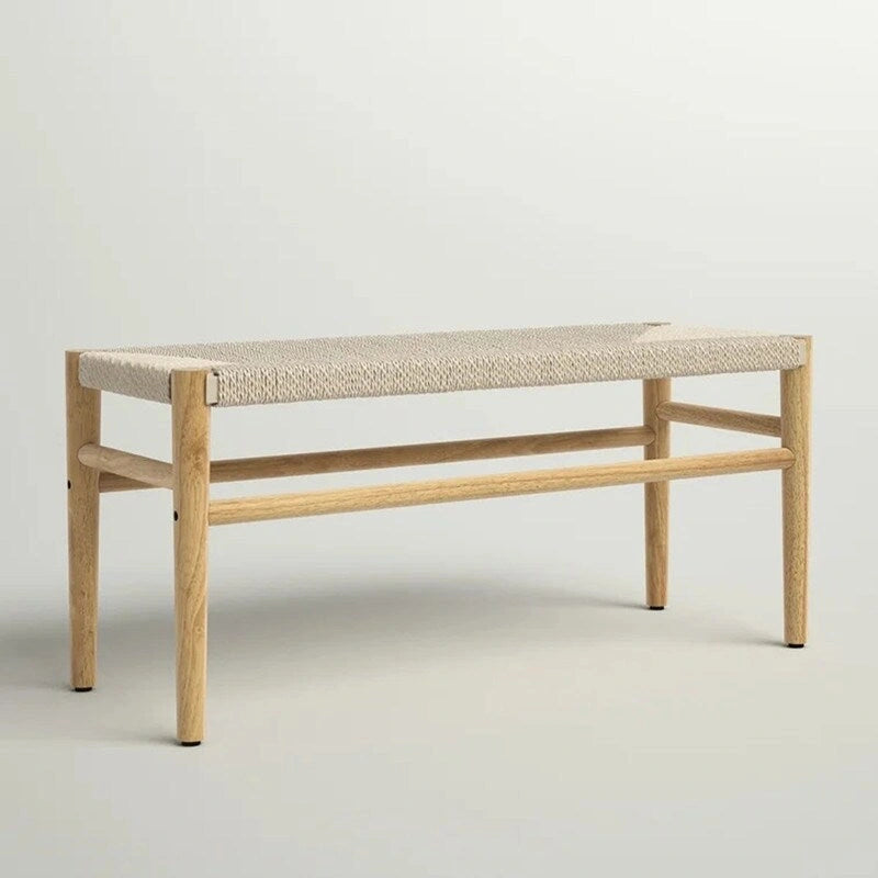 Mieres Boho Style Solid Wood Bench with Woven Rope Seat, Mid-Century Modern Indoor Ottoman with Rubber Wood Legs for Home Office 6