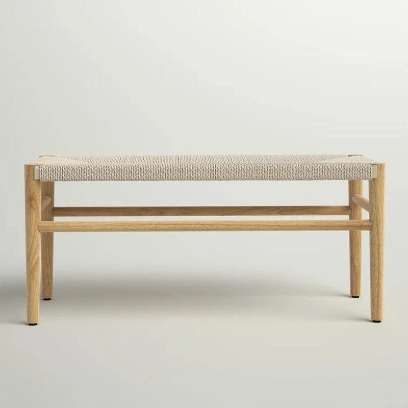 Mieres Boho Style Solid Wood Bench with Woven Rope Seat, Mid-Century Modern Indoor Ottoman with Rubber Wood Legs for Home Office 7