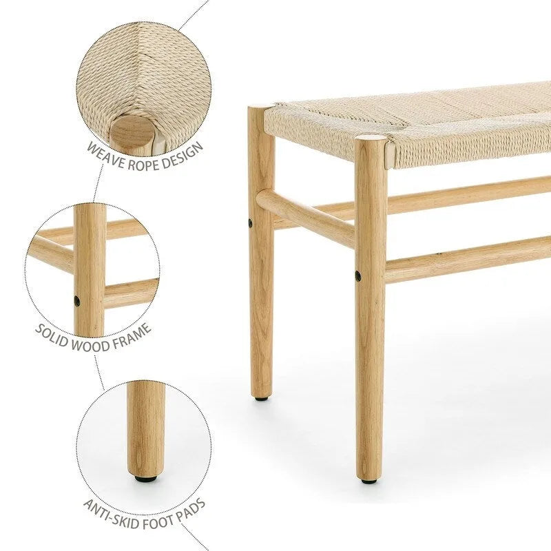 Mieres Boho Style Solid Wood Bench with Woven Rope Seat, Mid-Century Modern Indoor Ottoman with Rubber Wood Legs for Home Office 10