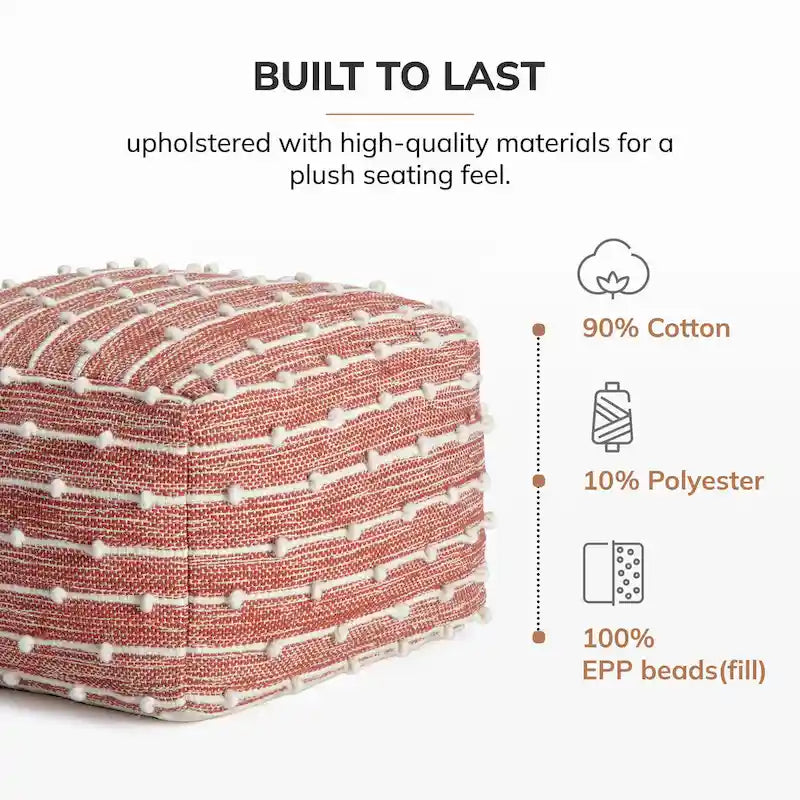 Jani Surin 22-inch Square Pouf Ottoman - Handmade Footrest for Living Room, Bedroom, Nursery, Kidsroom 3