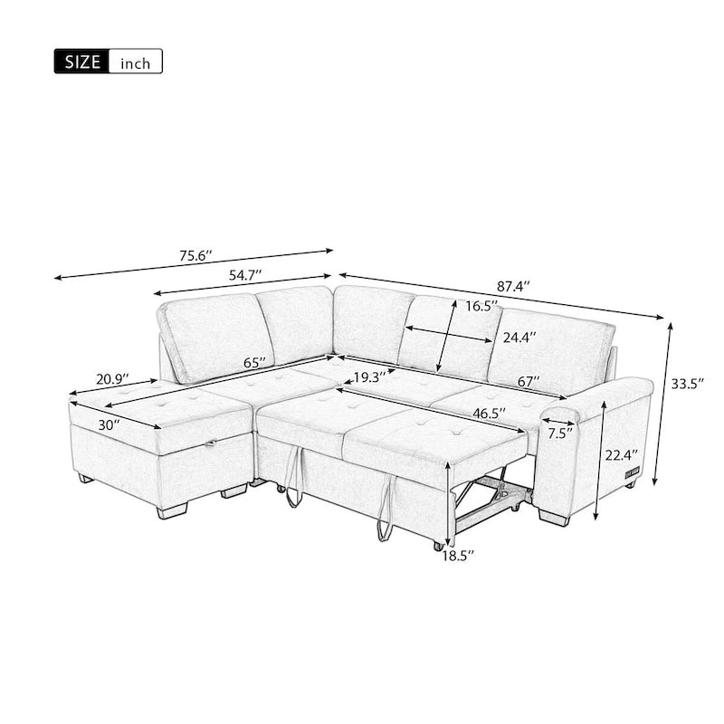 Velvet L-Shape Sleeper Sectional Sofa with Storage Ottoman, USB Charge