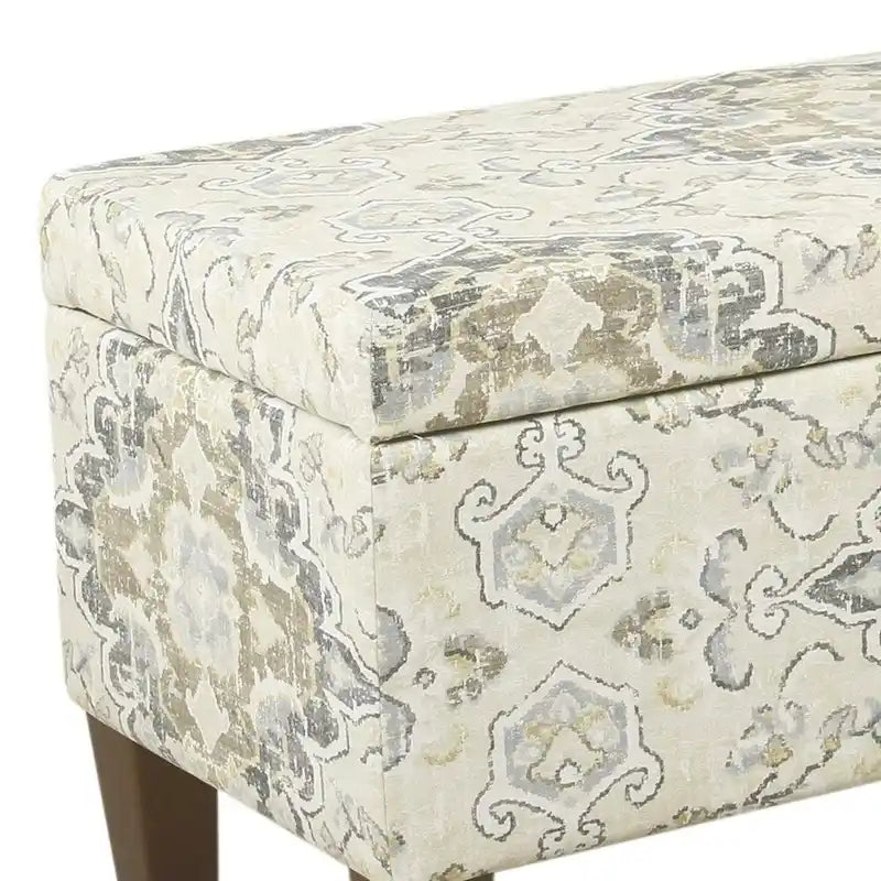 Medallion Print Fabric Upholstered Wooden Bench With Hinged Storage, Large, Brown and Cream 2