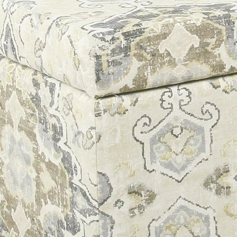 Medallion Print Fabric Upholstered Wooden Bench With Hinged Storage, Large, Brown and Cream 4
