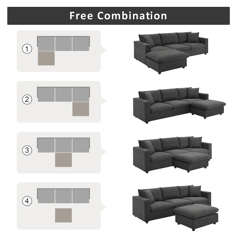 Modern Sectional Sofa,L-shaped Couch Set with 2 Free pillows,4-seat Polyester Fabric Couch Set with Convertible Ottoman 2