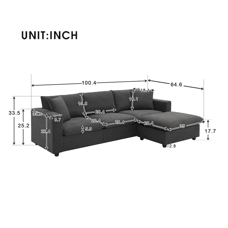 Modern Sectional Sofa,L-shaped Couch Set with 2 Free pillows,4-seat Polyester Fabric Couch Set with Convertible Ottoman 3