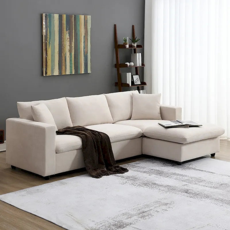 Modern Sectional Sofa,L-shaped Couch Set with 2 Free pillows,4-seat Polyester Fabric Couch Set with Convertible Ottoman 4