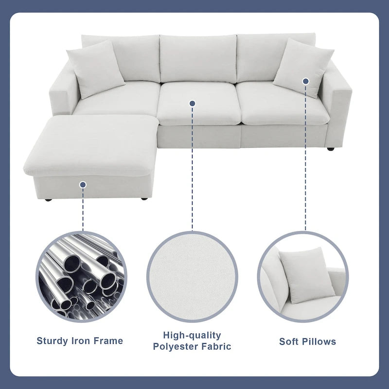 Modern Sectional Sofa,L-shaped Couch Set with 2 Free pillows,4-seat Polyester Fabric Couch Set with Convertible Ottoman 22