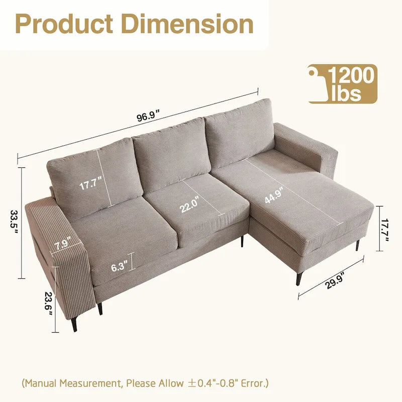 HOOOWOOO L-Shaped Upholstered Sofa Couch with Metal Legs 24
