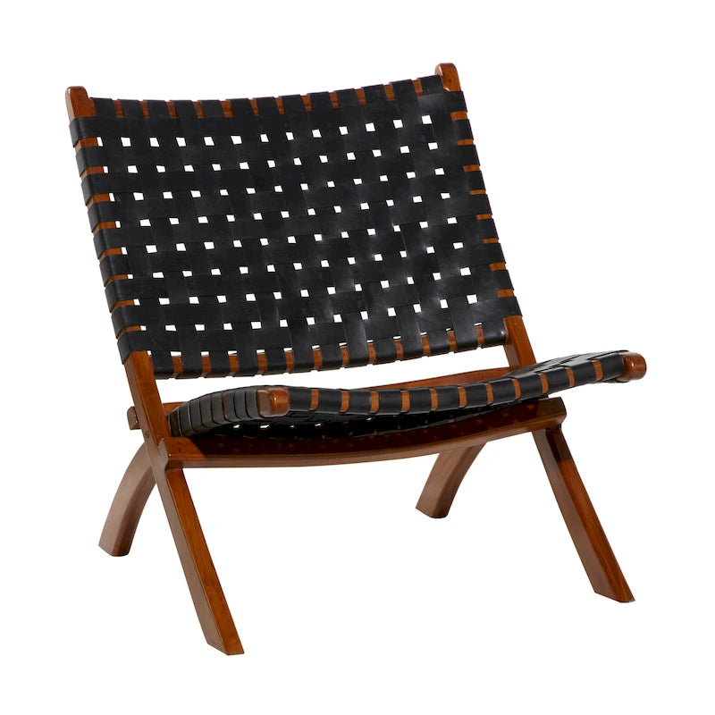 Leather Woven Folding Chair with Brown Wood Frame - Black or Brown - Roche River Decor 11