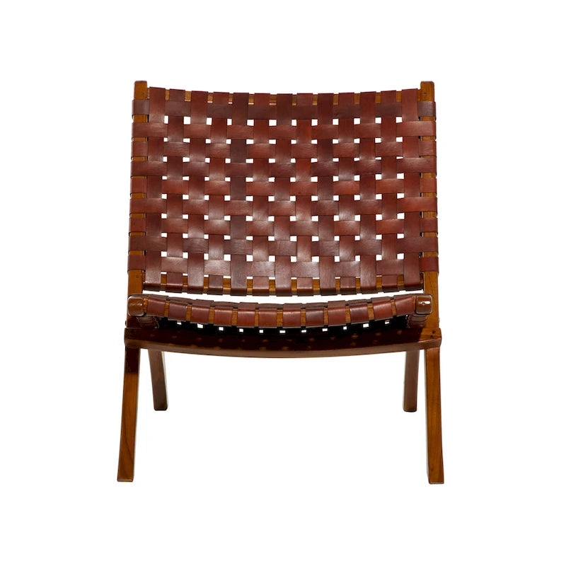 Leather Woven Folding Chair with Brown Wood Frame - Black or Brown - Roche River Decor 3