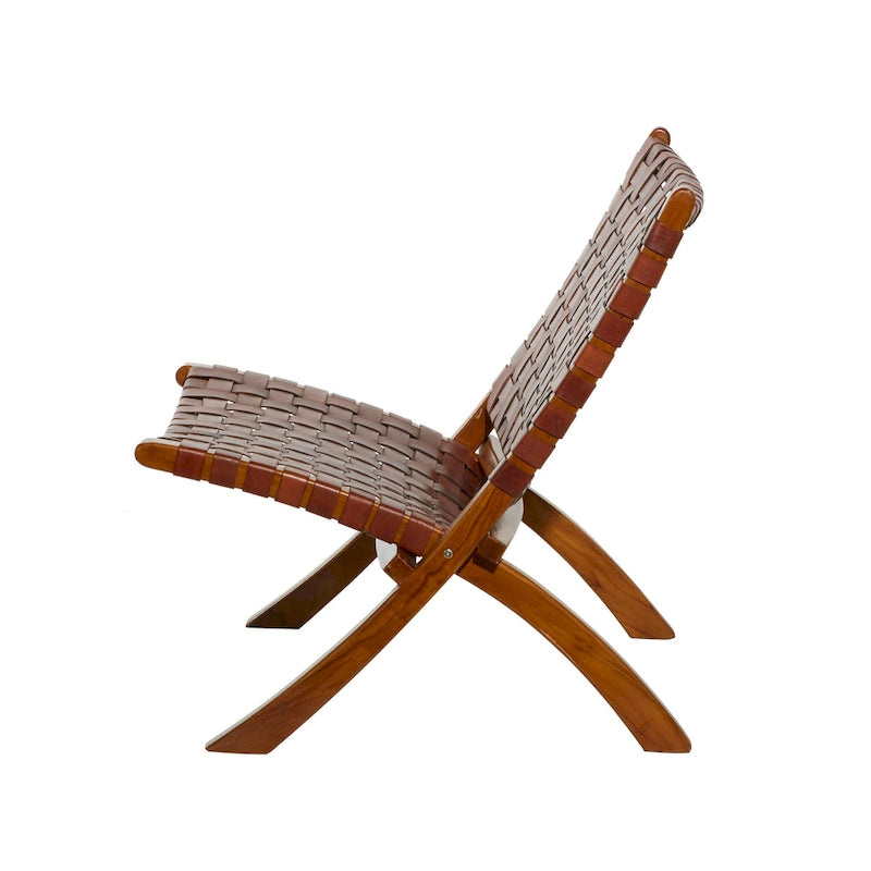 Leather Woven Folding Chair with Brown Wood Frame - Black or Brown - Roche River Decor 4