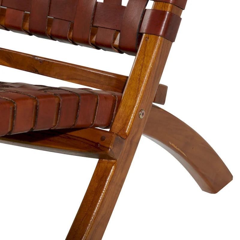 Leather Woven Folding Chair with Brown Wood Frame - Black or Brown - Roche River Decor 5