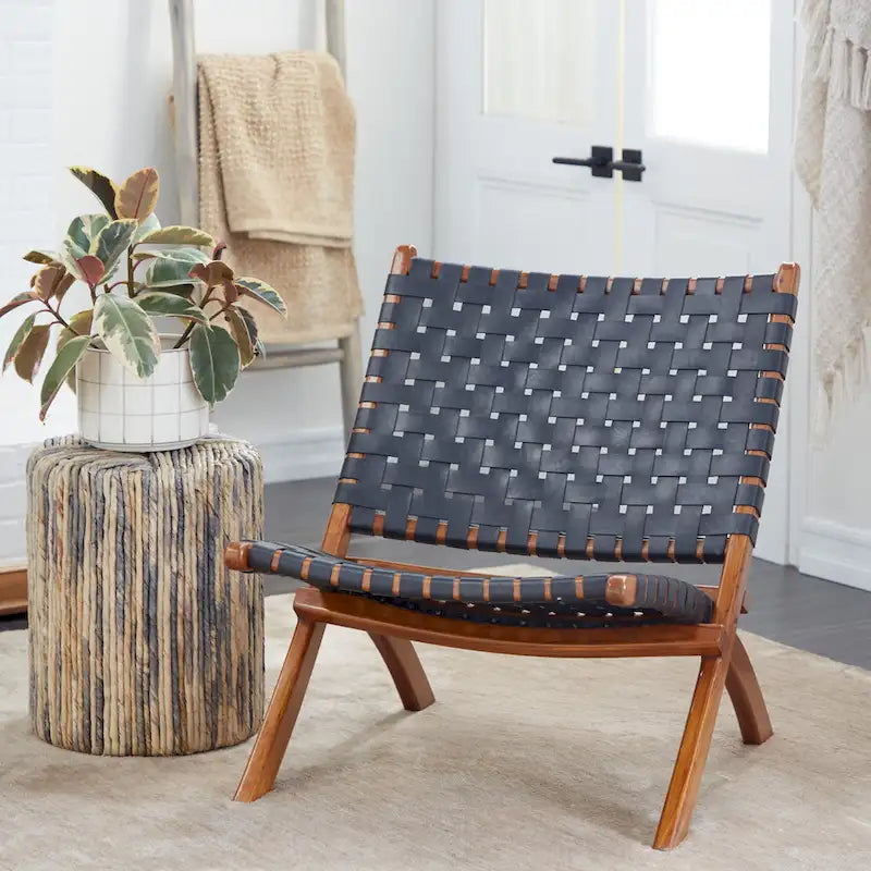 Leather Woven Folding Chair with Brown Wood Frame - Black or Brown - Roche River Decor 7