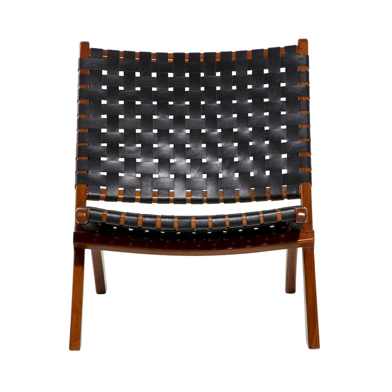 Leather Woven Folding Chair with Brown Wood Frame - Black or Brown - Roche River Decor 8