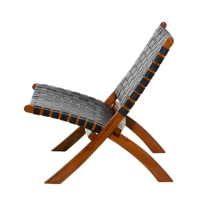 Leather Woven Folding Chair with Brown Wood Frame - Black or Brown - Roche River Decor 9