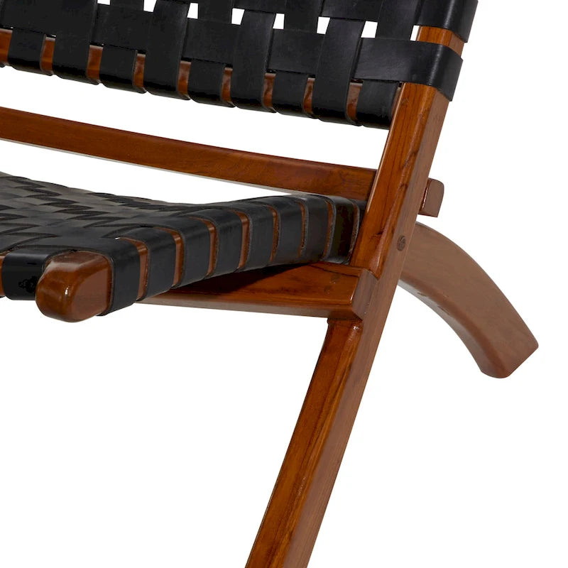 Leather Woven Folding Chair with Brown Wood Frame - Black or Brown - Roche River Decor 10