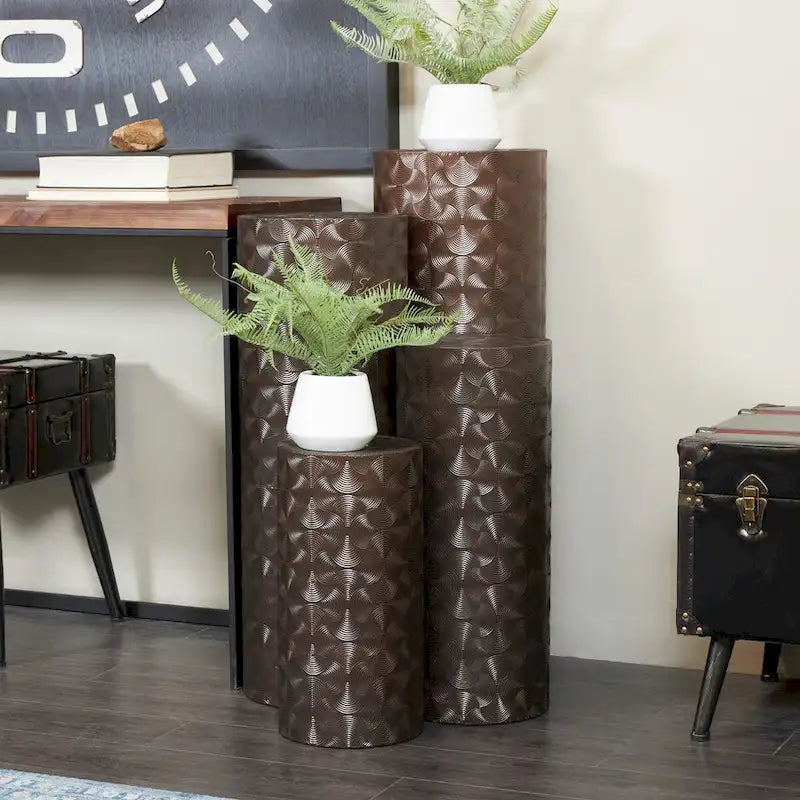 Metal Abstract Tall Slim Pedestal Table with Grooved Shell or Hammered Design - Set of 4 Brown - Roche River Decor 2