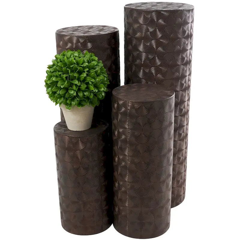 Metal Abstract Tall Slim Pedestal Table with Grooved Shell or Hammered Design - Set of 4 Brown - Roche River Decor 3