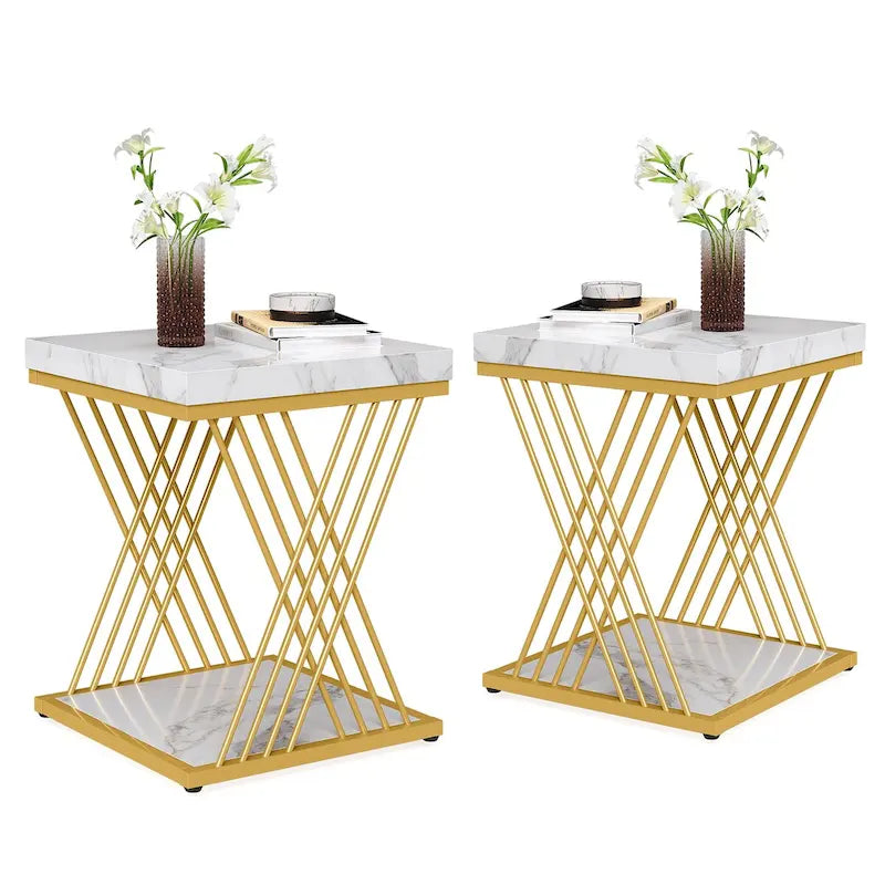19.75 Inch Faux Marble Square End Table, Modern Bedside Tables, Gold Accent Table Living Room 17