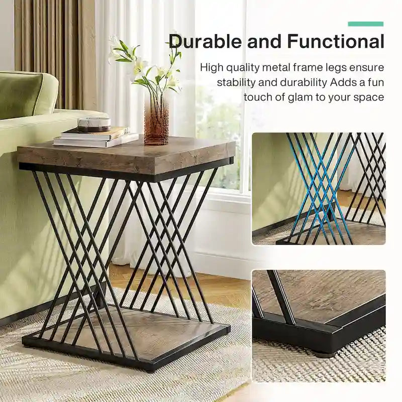 19.75 Inch Faux Marble Square End Table, Modern Bedside Tables, Gold Accent Table Living Room