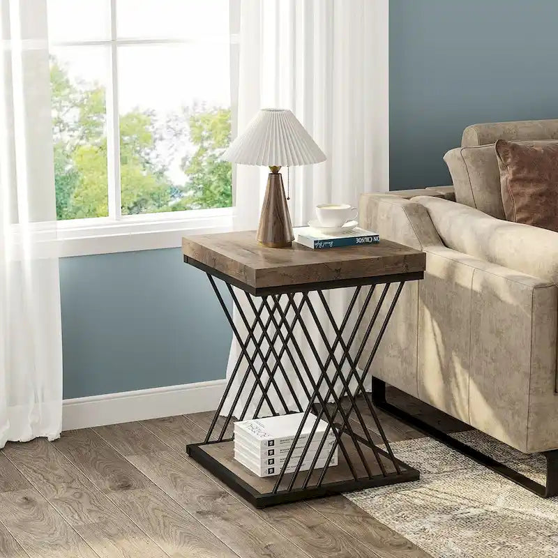 19.75 Inch Faux Marble Square End Table, Modern Bedside Tables, Gold Accent Table Living Room 5