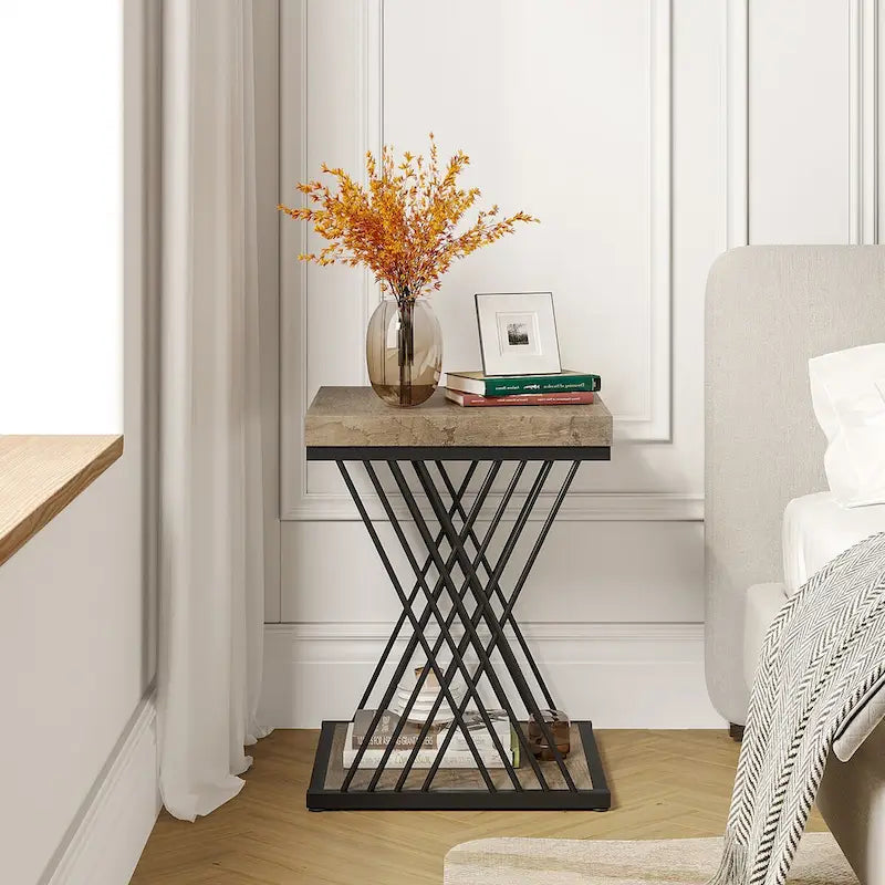 19.75 Inch Faux Marble Square End Table, Modern Bedside Tables, Gold Accent Table Living Room 6