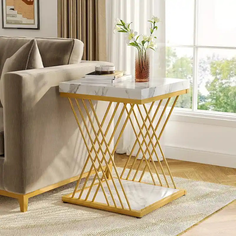 19.75 Inch Faux Marble Square End Table, Modern Bedside Tables, Gold Accent Table Living Room 8